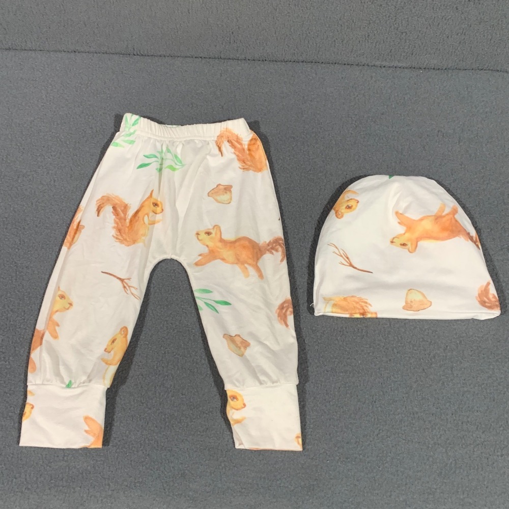 Baileys Blossoms 6-9M Squirrel Acorn Print Pants‎ and Beanie Set White Orange